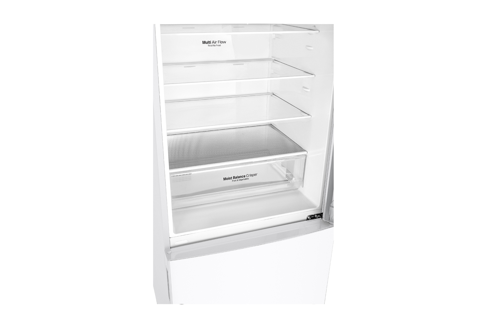 Front open view LG GB-455WL 420L Bottom Mount Fridge - White Finish
