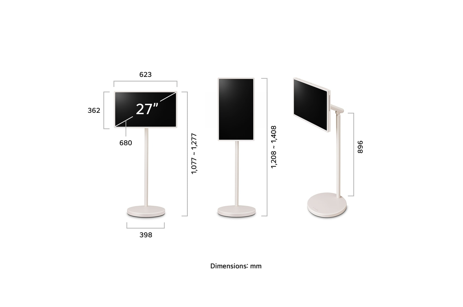 Length, width, height, and depth dimensions of the LG StanbyME 2 and the stand.