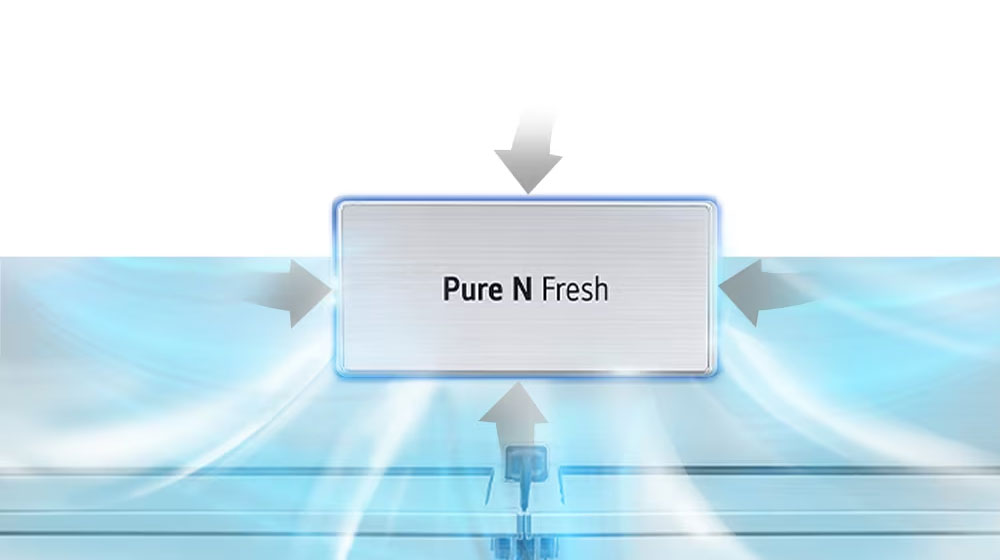 Inside the refrigerator filled with ingredients, blue arrows, which mean cold, are displayed below, on both sides, and on the whole.