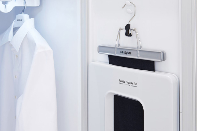Image shows pants crease compartment of LG Styler