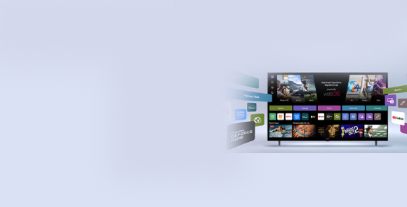 LG Smart TV displaying webOS home screen with entertainment apps and LG Channels UI elements dynamically expanding outward, highlighting 4,000+ global apps and channels.
