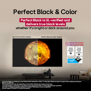 Living room space with a wall-mounted LG OLED TV. On the TV is a mountain range against a dark evening sky filled with stars. This scene is split in half to show how Perfect Black delivers true black levels whether it's bright or dark around you. One side of the scene shows a duller, grayer version of the landscape labeled, Non Perfect Black display. On the other side is a more pleasing picture with a larger dynamic range of blacks and whites. This is labeled, Perfect Black display. Logo certification is also visible, Perfect Black Technology delivers black levels less than or equal to 0.24 nit up to 500 lux. A text bubble is by its side it says, check the Perfect Black certification mark.