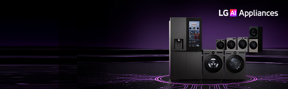 Lineup of LG home appliances including refrigerators, washing machines, dryers, and kitchen appliances displayed on a dark stage with a circuit board pattern floor.