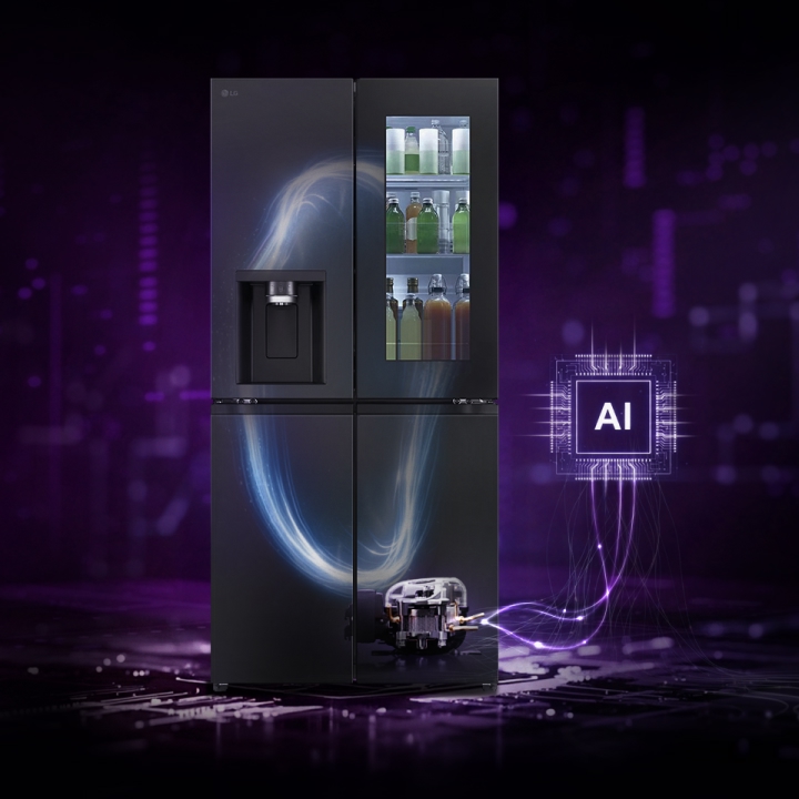LG refrigerator with visible beverage storage and cooling system illustration, connected to an AI processor icon