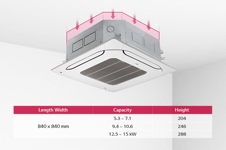 LG Ceiling-mounted cassette with a red outline on the top of the unit shows the slim and compact size.