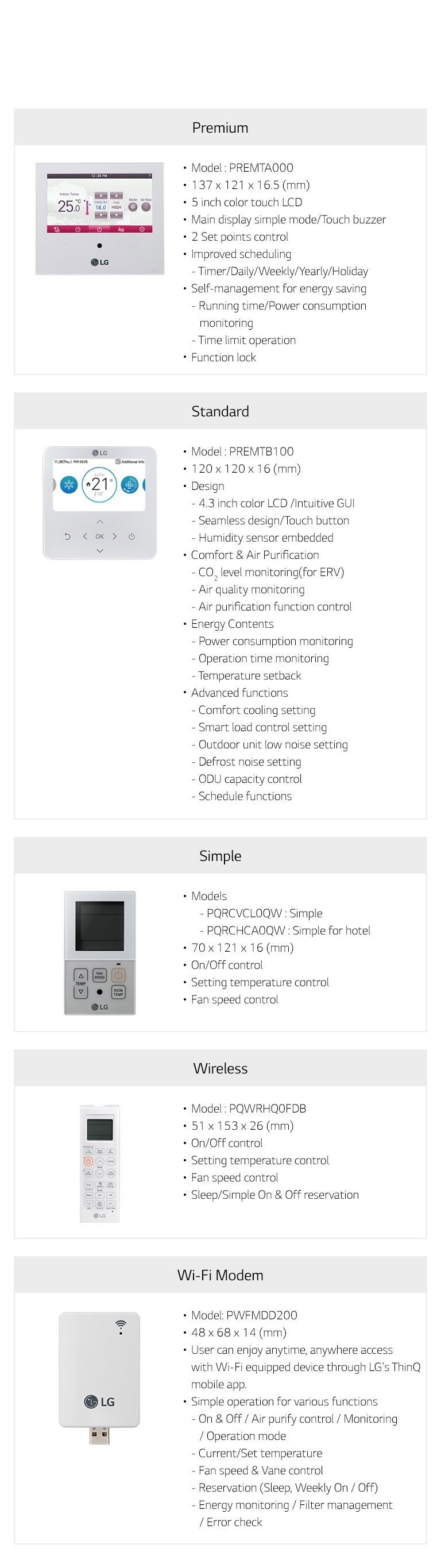 LG HVAC Individual Controller Line Up showcases a range of models including Premium, Standard, Simple, Wireless, and Wi-Fi Modem.