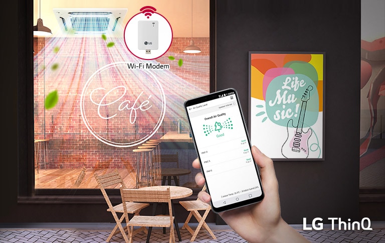 The LG ThinQ app, connected via a Wi-Fi modem, is shown by a hand holding a smartphone.