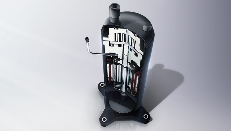 The fourth-generation LG variable frequency compressor features a black-coated base and central metal components with spiral motifs.