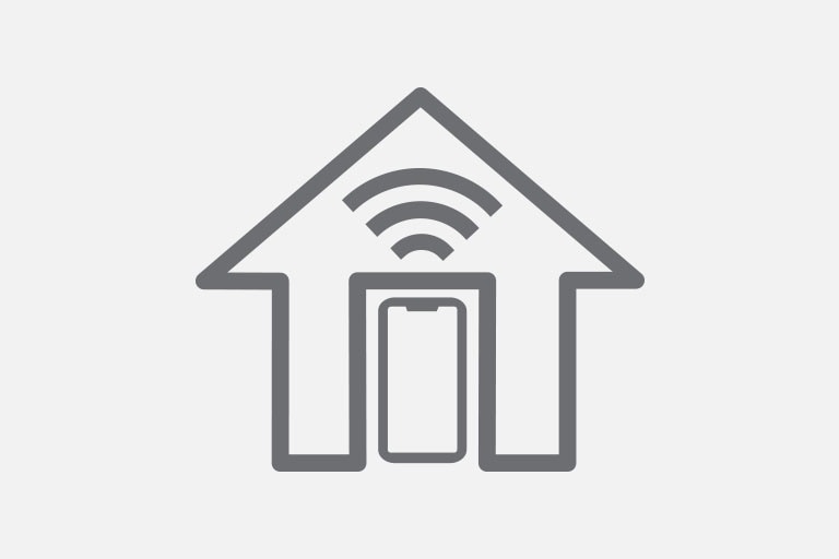 In the center of a minimalist house frame, a smartphone emits three arched signals upwards.
