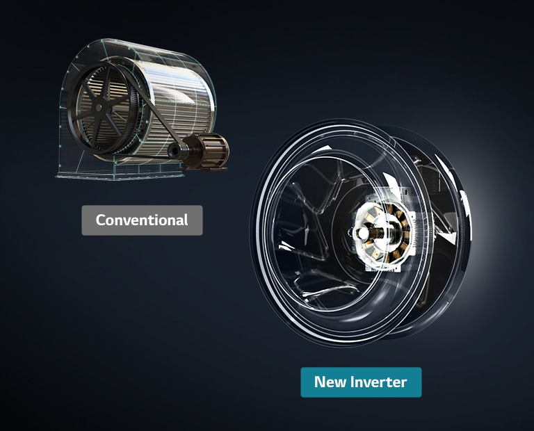 Direct Drive Fan LG Inverter, featuring a dark, circular color scheme, is combined with a conventional motor using a timing belt mechanism.