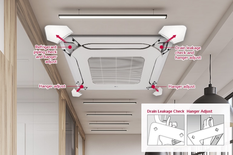 With four corner panels opened, the LG Ceiling-mounted unit reveals piping checks and hangers, leakage checks, and hanger adjustments on each side.