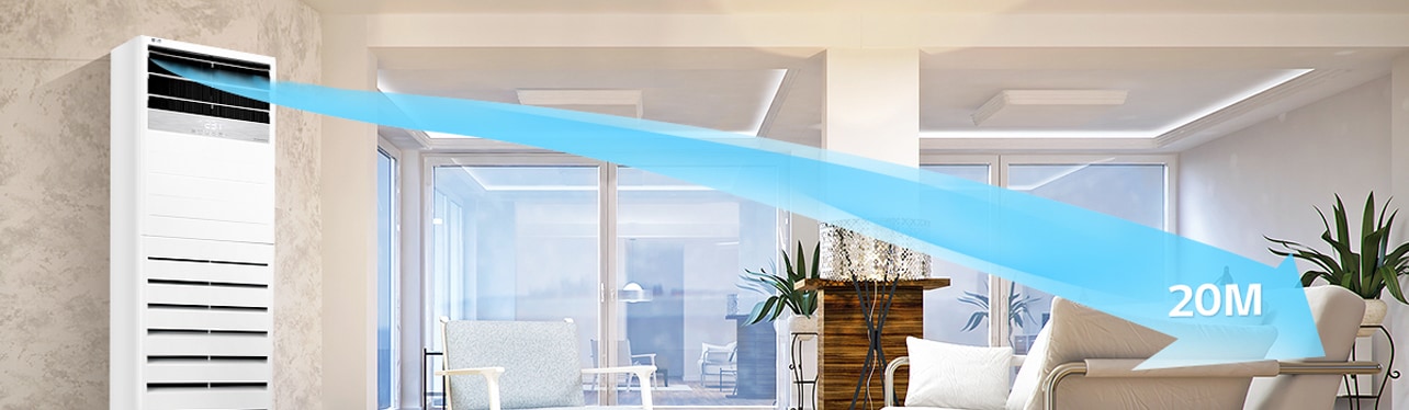 LG Floor Standing Unit, positioned on the left, is projecting an arrow-shaped airflow, visible up to 20m, into a lounge area with a series of chairs.