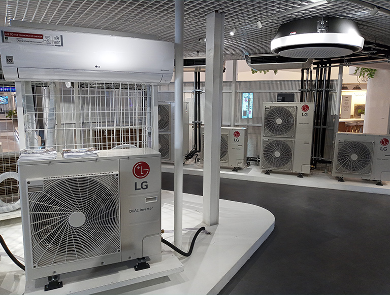 There are several outdoor and indoor units on display inside