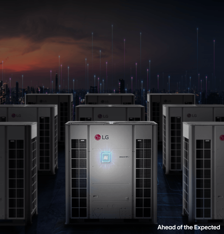 LG MULTI V HVAC unit outdoors with smart tech overlay and energy-efficient system branding