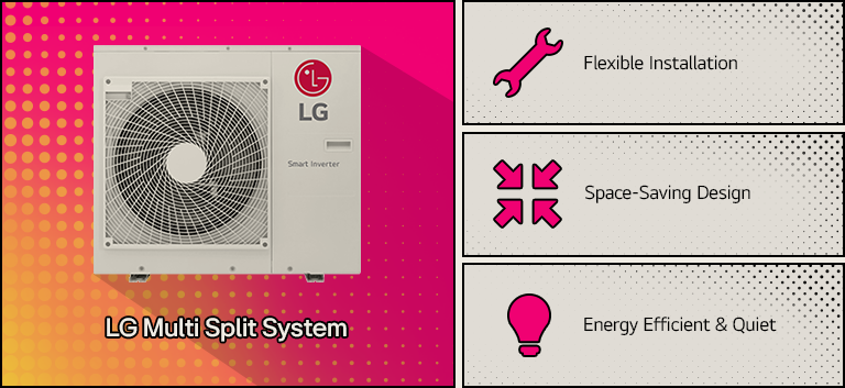 LG Multi Split: Space-efficient with flexible temperature control, ideal for commercial use with multiple indoor units.