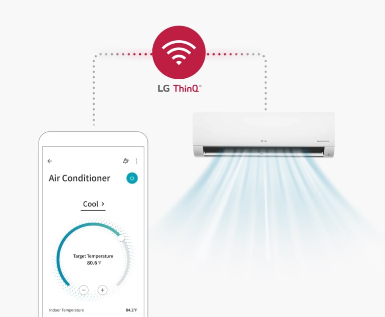 A smartphone showing the LG ThinQ app sits on the left, connected to an LG Wall-mounted unit housed in an outline on the right via a dotted line.