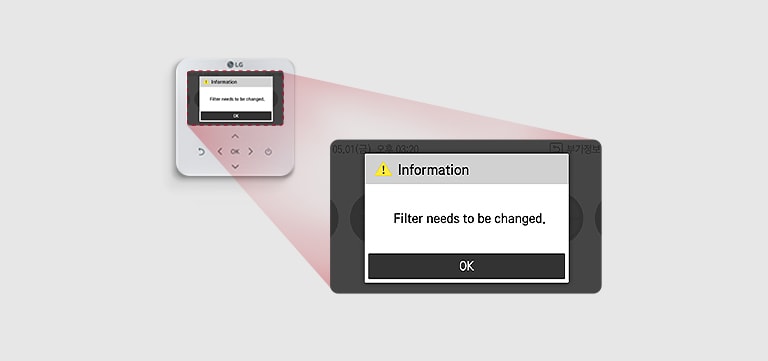 Wall mounted controller on the left display the error message. Zoomed error message displayed on the center telling the filter need to be changed.
