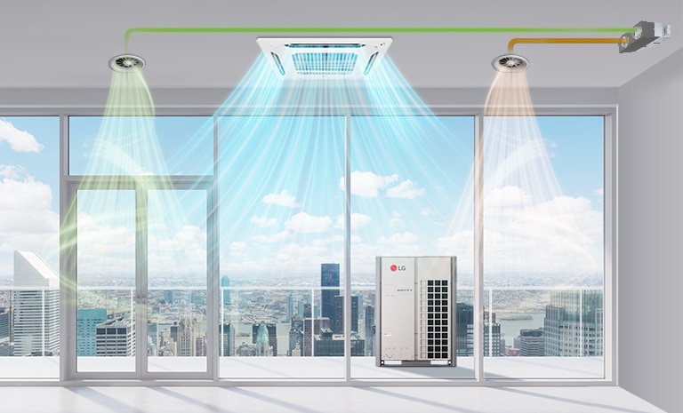 LG indoor unit and two ducts on the ceiling, viewed from the side, draw air from the right duct while the other two units expel air into the area.