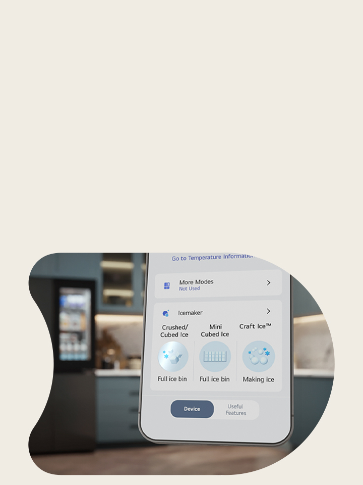 Ice in the refrigerator is managed through the LG ThinQ app on a smartphone.