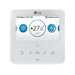 LG Individual Controller control solution unit features a touch control on the bottom half and a top-half display panel showing climate information.