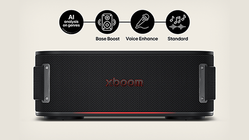 The top of the front image of the LG xboom introduces the "AI analysis on genres" feature. It supports Base Boost, Voice Enhance, and Standard.