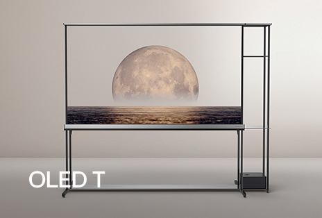LG SIGNATURE OLED T standing in foyer depicting a background on the transparent screen. 