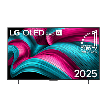 Front view of LG OLED evo AI C5 4K Smart TV. 12 Years of world number 1 OLED emblem and LG OLED evo AI 2025 logo are on the screen.