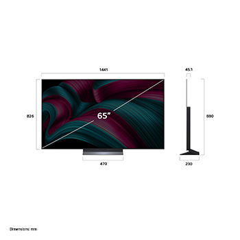 Front view and side view of LG OLED evo AI C5 4K Smart TV showing its length, width, height, and depth dimensions.