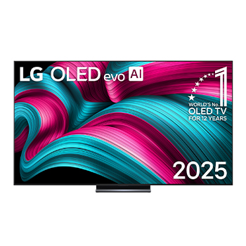 Front view of LG OLED evo AI C5 4K Smart TV. 12 Years of world number 1 OLED emblem and LG OLED evo AI 2025 logo are on the screen.
