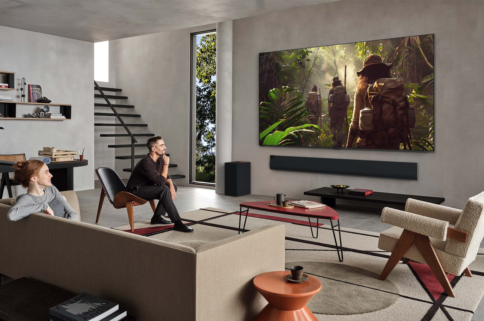Sci-fi content is playing on an LG TV screen. On the screen is the AI Chatbot interface. The user messaged the chatbot saying that the screen is too dark. The chatbot offered solutions to the request. The whole scene is also split in two. One side is darker, the other side is brighter, showing how AI Chatbot solved the issue for the user automatically. Text explains AI Chatbot can understand user intent and provide solutions to troubleshoot.