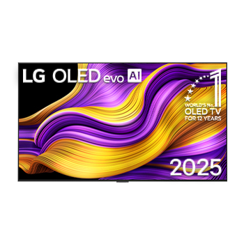 Front view of LG OLED evo AI G5 4K Smart TV. 12 Years of world number 1 OLED emblem and LG OLED evo AI 2025 logo are on the screen.