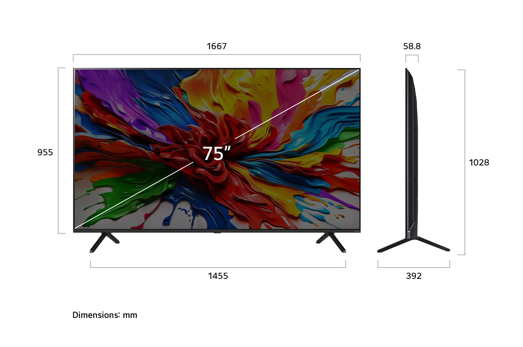 Front view and side view of LG QNED evo AI QNED92 4K Smart TV showing its length, width, height, and depth dimensions.
