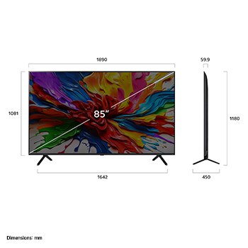 Front view and side view of LG QNED evo AI QNED92 4K Smart TV showing its length, width, height, and depth dimensions.