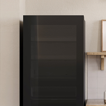 The lights on the instaview exterior of the LG bottom freezer are turned on.	