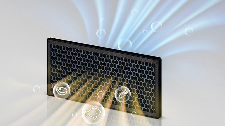 A graphic representing the smell in your fridge that changes to fresh air as it passes through the filter.