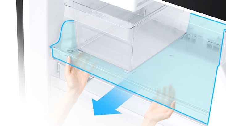 Graphically illustrate that the tray can be slid out in its entirety.
