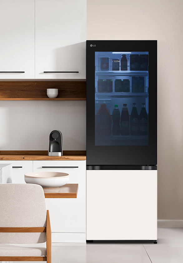The front view of lg bottom freezer refrigerator with instaview in a white modern kitchen room.