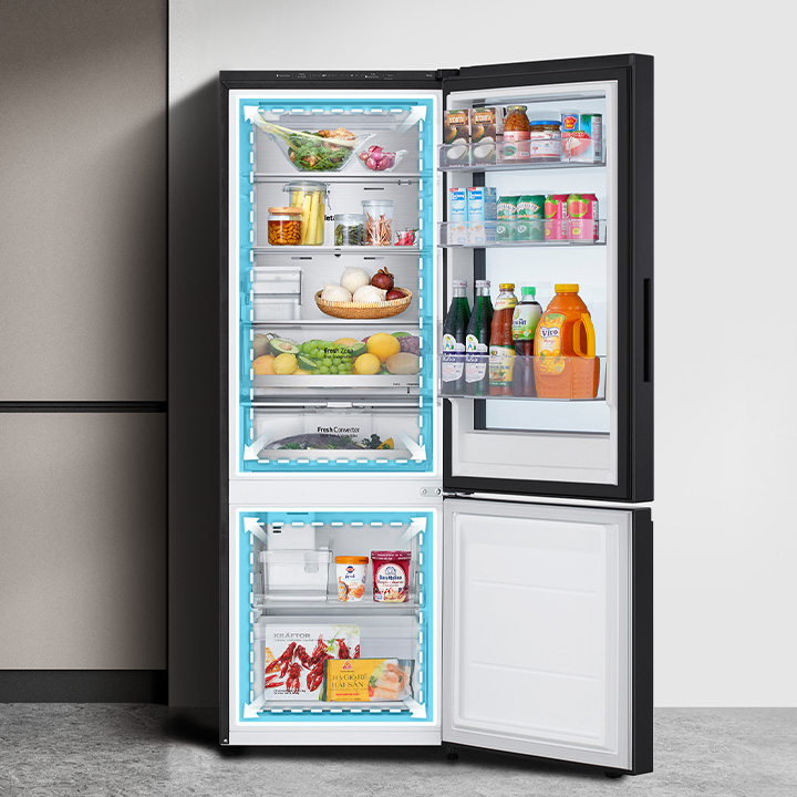 Graphical motion showing how much more spacious the current interior size of the LG bottom freezer.