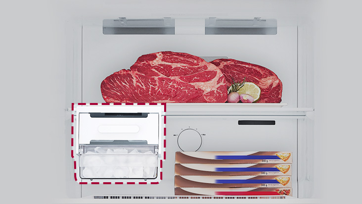 lg top freezer refrigerator with moving ice maker feature, showing increased freezer space. The removable ice tray, providing extra storage capacity for large items such as steaks and organized food storage.	
