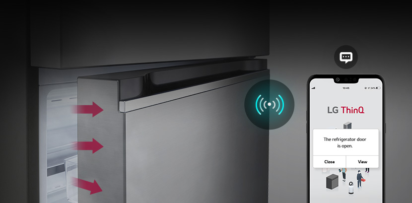 An lg top freezer refrigeratordoor is shown slightly open, and a smartphone screen displaying a notification from the lg thinq app. The image emphasizes the refrigerator's smart alert feature that notifies users if the door is left open.	