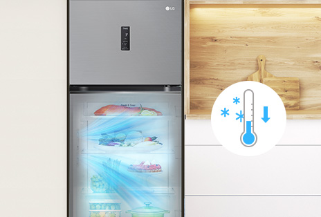 lg top freezer refrigerator smart fresh air technology lowers the temperature by 1°C from the user setting to increase cooling two hours before high usage periods.	