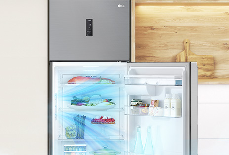 lg top freezer refrigerator maintaining optimal internal temperature to keep food fresh, even with frequent door openings, using smart fresh air technology.	