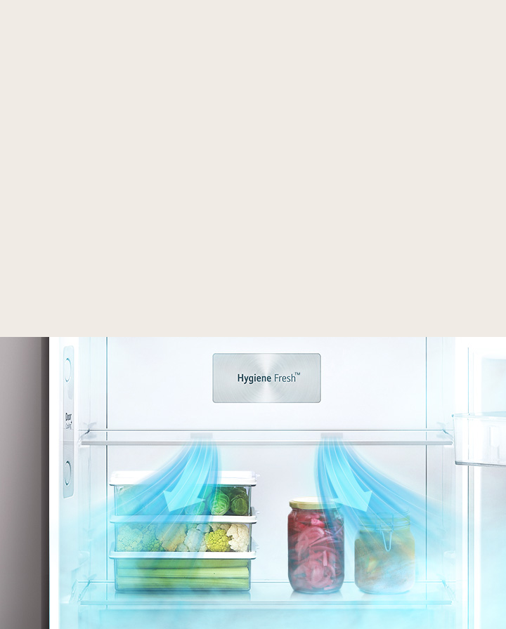 Close up view inside an lg top freezer refrigerator showing a compartment labeled hygiene fresh with two transparent storage containers holding green vegetables and red fruits or vegetables. In which highlights the feature of the fridge for keeping contents fresh.	