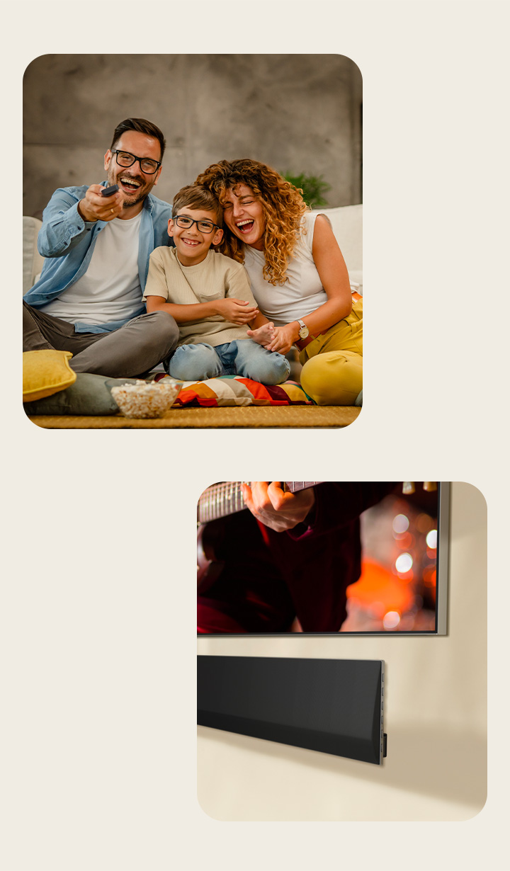 Two women sitting on a sofa eating popcorn. A close-up side angle of the bottom right corner of a wall-mounted LG TV and an LG Soundbar mounted on the wall underneath.