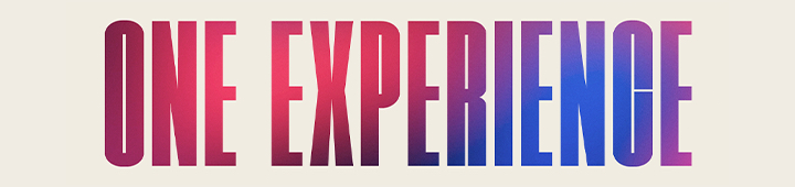The words 'ONE EXPERIENCE' in a dark pink and purple gradient pattern.	