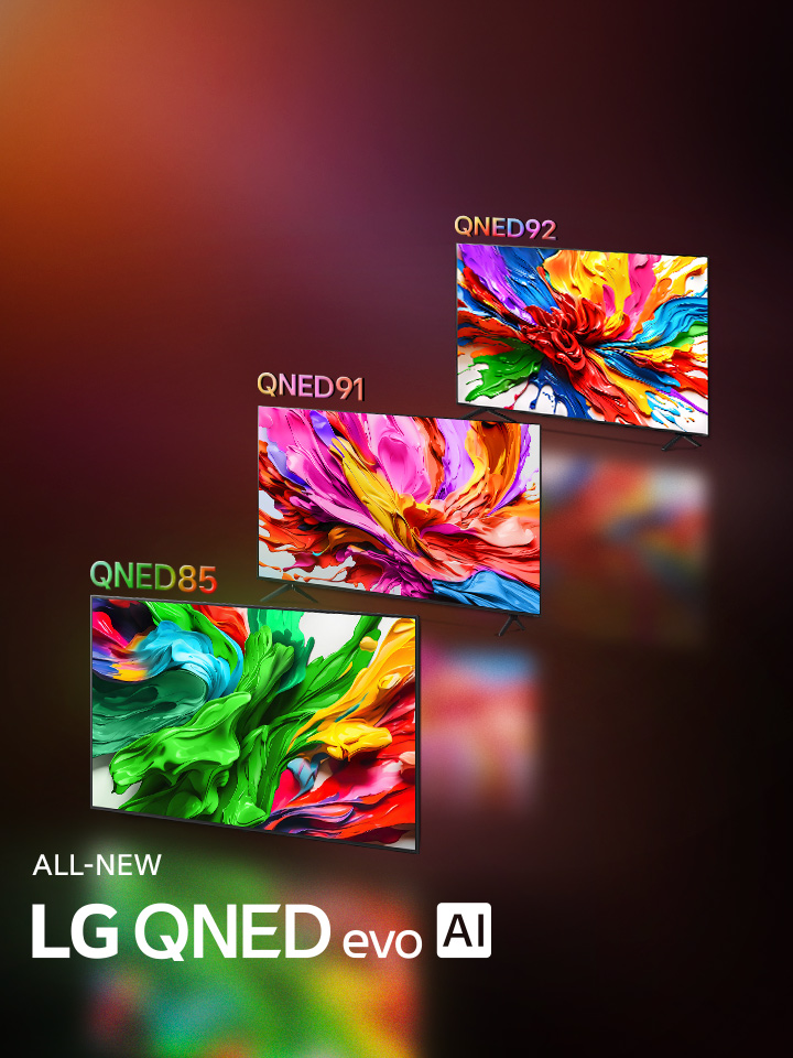 LG TVs with colorful artwork that highlight the new vivid and vibrant color reproduction technology of LG QNED are on their screens. ALL NEW LG QNED evo AI logo is also present.