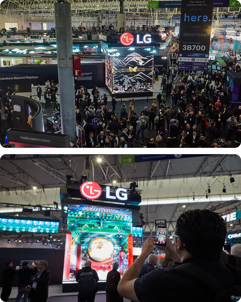 Crowds gathered to witness the visual impact of LG’s Media Facade, which blends high-definition Fine Pitch LED with Transparent Mesh technology.  A visitor captured the dynamic visual display of the media façade on their smartphone, reflecting the high level of engagement at ISE 2026.