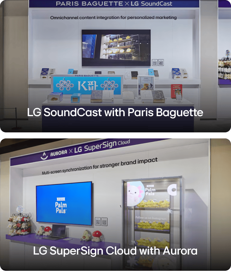 The Paris Baguette zone displayed a premium K-bakery environment, where LG digital signage and LG SoundCast technology integrated seamlessly with physical gift boxes and branded displays.  The Aurora World zone showcased content synchronized through LG SuperSign Cloud across multiple signage displays, unifying branding and efficient promotion management in a colorful toy store setting.