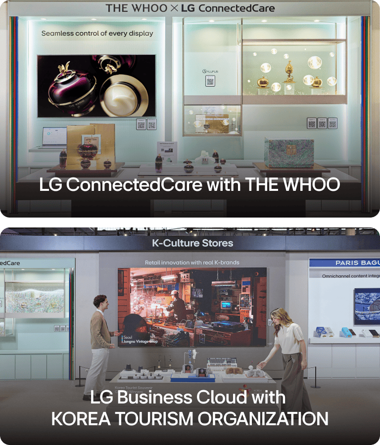 A display of THE WHOO integrated with Transparent OLED and digital signage under LG ConnectedCare paired premium products with dynamic digital messaging.  The LG LED All-in-One display presented immersive cultural content in a premium souvenir shop environment.