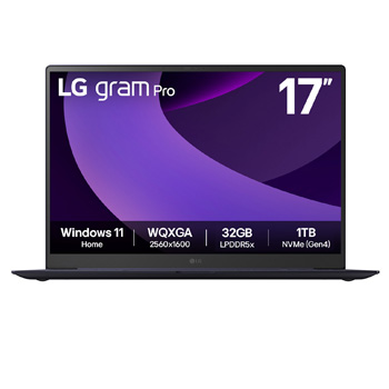 Front view of LG gram Pro 17" | Windows 11 Home | Lightweight | 32GB RAM Intel® Core™ Ultra Processor Laptop | gram Dual AI | NVIDIA GeForce RTX 5050 | Copilot | LG gram Link | 16:10 IPS LCD display 17Z90TR-E.AD88A3